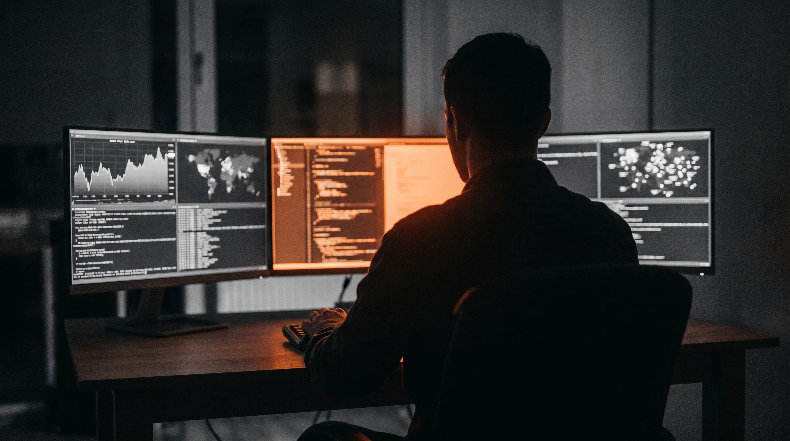 A single operator at a desk at night, several screens glowing in the dark